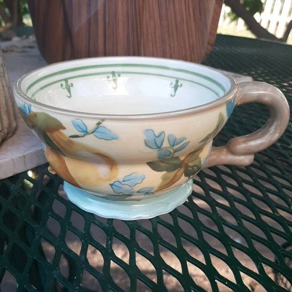 Tracy Porter Hand Painted 10oz Coffee Mug Tea Cup Yellow Blue Flowers Pear